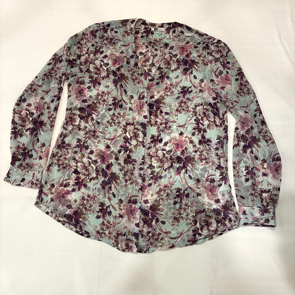 KUT Women's Blouse Size L in Teal and Purple Flower Print